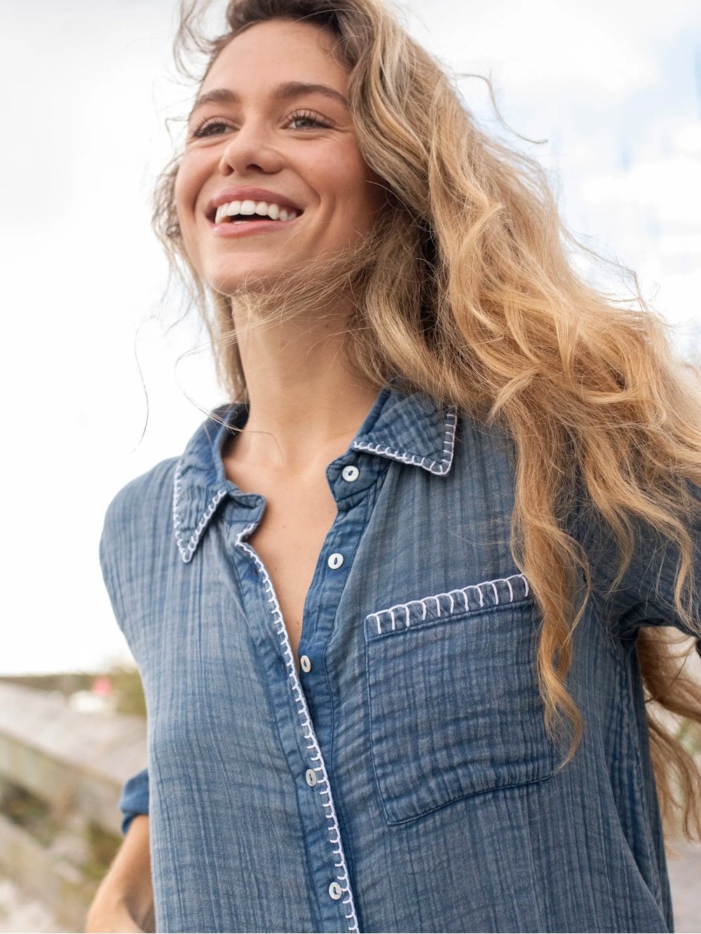 NATURAL LIFE Blue Gauze Tie-Front Button-Up Blouse - Picture 2 of 7